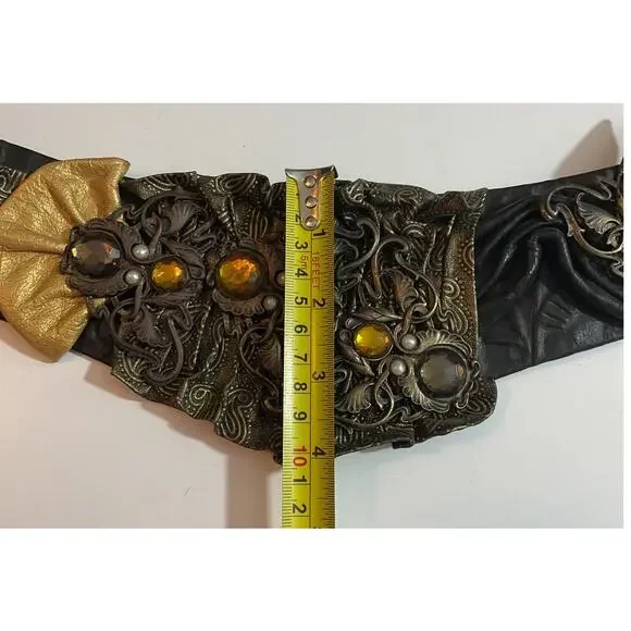 80s Nina Arjani Medium Leatherock Belt Rhinestones & Pearls Leather - Picture 6 of 10